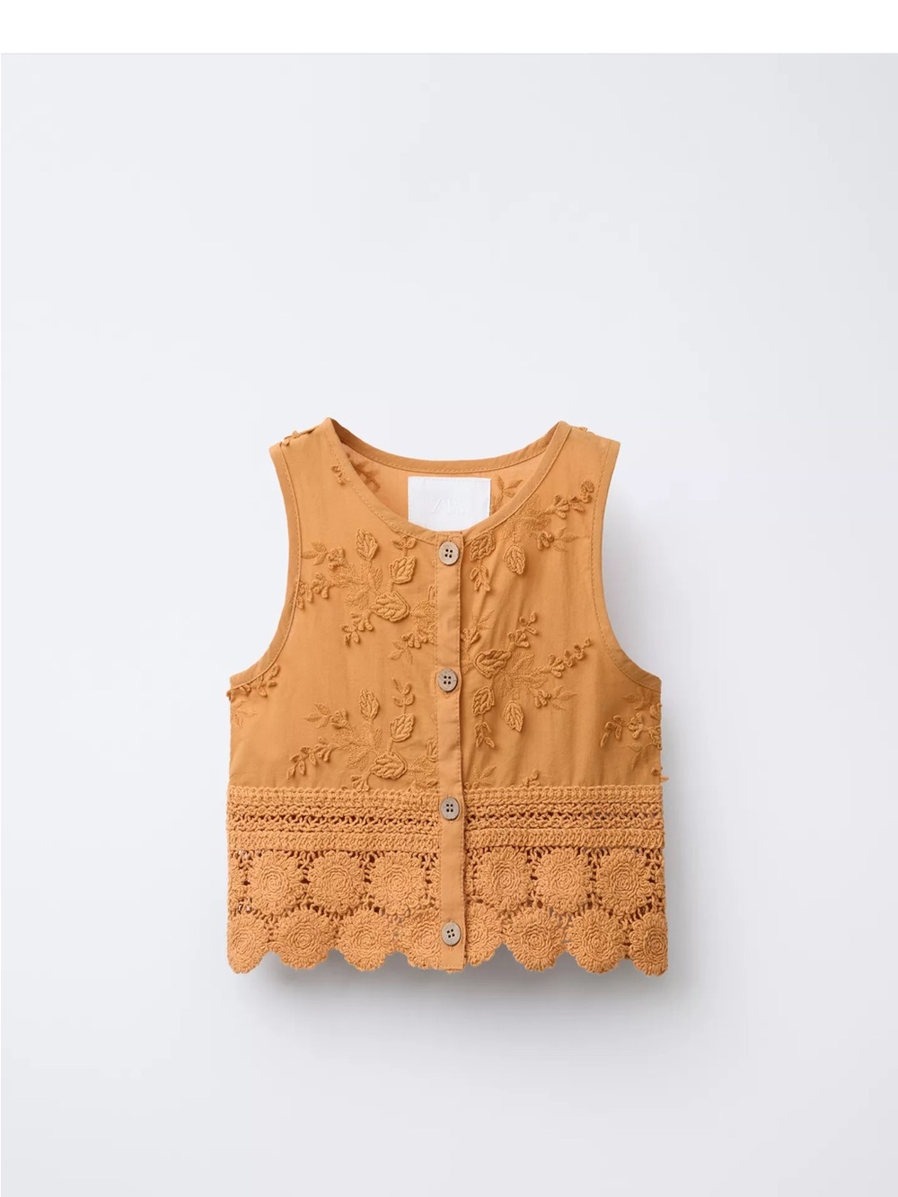 Zara Girls' Mustard Embroidered Crochet-Hem Sleeveless Top